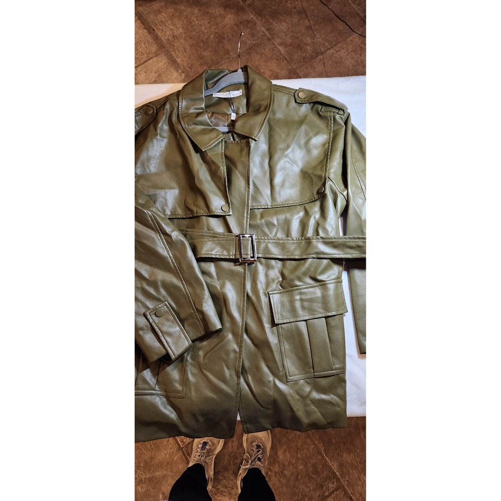By Egreis Womens Olive Green Faux Leather Belted Trench Coat Jacket Size M NWT